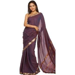  Deep Purple Suryani Sari from Mysore with Flowers Woven in 