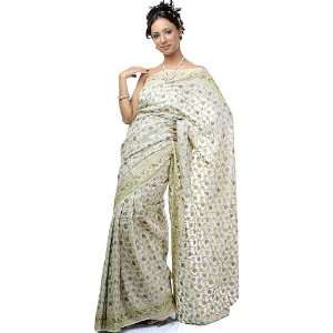  Ivory Banarasi Sari with All Over Woven Flowers   Butter 