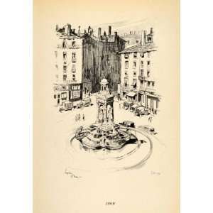 1934 Print Lyon France Rhone Alpes Fountain Apartments Jacobins Temple 