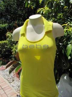 BEBE logo crystals t shirt yellow top tank collar 173149  