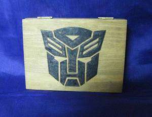 Card Box Transformers theme hand burnt artisan Autobots Trinket Wooden 