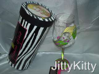 CYHAFI COUTURE PAMPERED PETS, GLAMOUR GIRLS HAND PAINTED WINE GLASS 