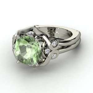  Carmen Ring, Cushion Green Amethyst 14K White Gold Ring 