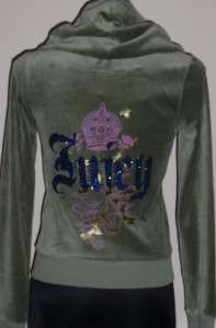 Juicy Couture Olive Velour Long Sleeve Hoodie Jacket With Design M  $ 