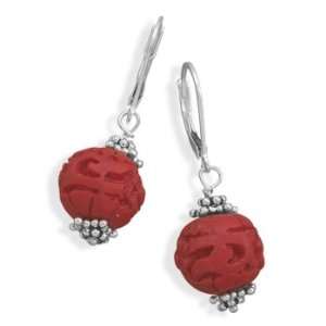 Red Carved Cinnabar Lever Back Earrings Sterling Silver, Made in the 