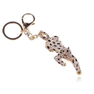   Tone Spotty Prowling Leopard Cat Crystal Rhinestone Clip Hook Keychain