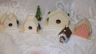   CHRISTMAS VILLAGE CHURCH & HOUSES, Cardboard Mica Glitter Putz 5pc