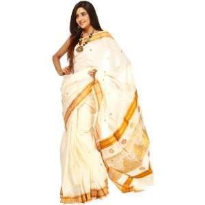   Cotton Sari from Kerala with Woven Radha and Krishna   Pure Cotton