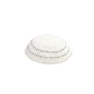  20 Centimeter Knitted Kippah in White with Silver Stripes 