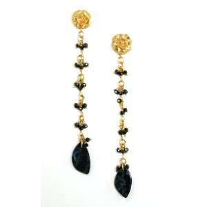   24k Gold Plated Black Spinel Dangle Earrings with Pietersite Gemstones