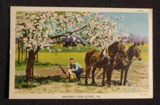 1940s Farmer Resting Two Horse Hitch Pulling Plow Greetings Clymer PA 