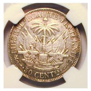 Haiti 50 Centimes 1895,.835 Silver.GradeAU 55.CertifiedNGC.