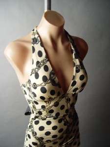 Corset Back Blk Polka Dot Chain Link Print Pinup Low Cut Plunging 