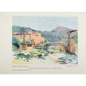 1933 Color Print French River Scene Bridge John Merrett   Original 