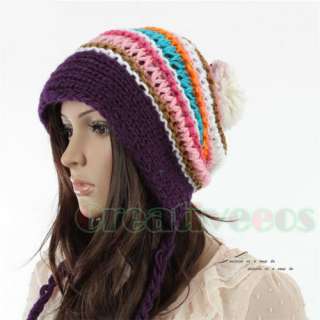   Cool Womens Stripe Winter Wool Cap Snow Warm Beanie Knitted Ball Hat