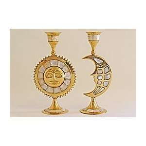  Sun & Moon Candle Holder Set Brass Mother of Pearl