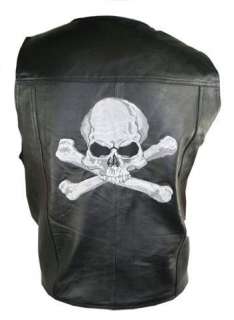 Mens Black Skull and Bones Embroidered Leather Biker Vest 3XL  
