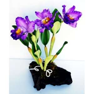  Clay Flowers on Real Wood purple Cattleya Orchid Handmade 