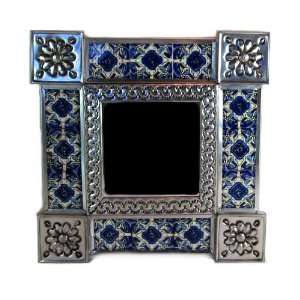   Tin Mirror with 2 Talavera Cobalt Blue Design Ceramic Tiles, 11 x 11
