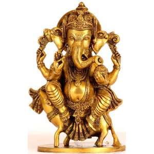 Lord Ganesha Seated on His Mount Rat   Brass Sculpture