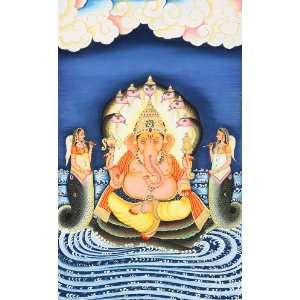 Lord Ganesha Seated on Sheshnag   Water Color Painting On Canvas with 