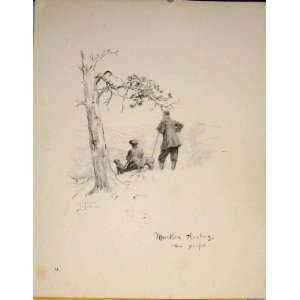   Hunting Mornvain Man Dog Hound Tree Sketch Old Print