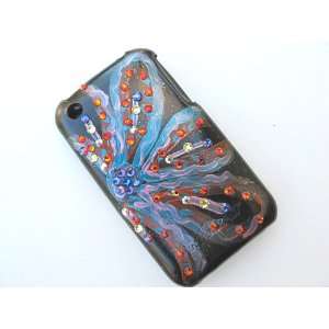 iPhone 3 Red Blue Handpaint Flower Fun Case Cover W Swarovski Crystal 