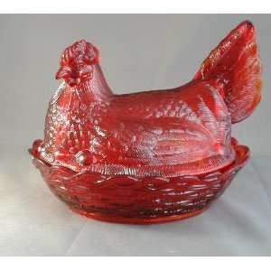  7 Ruby Red Glass Hen on Nest Wooven Base with Split Tail 