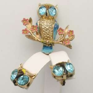 Coro Vintage Owl Set Brooch Pin Earrings Rhinestone pat.pend.  