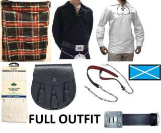 Black Stewart Tartan Scottish Kilt Complete Package Set Belt Shirt 