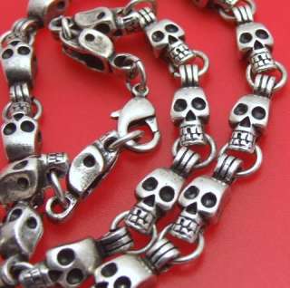 Skull Necklace Silvertone Link Choker Goth Oxidized 15 1/2 