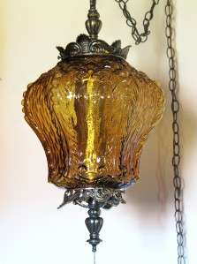 VINTAGE 60s   70s HANGING GLASS GLOBE & BRASS SWAG LAMP  