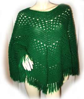 Womens GREEN Yarn Crochet Winter PONCHO Jacket TOP SML  