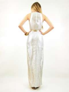 Vtg 50s 60s METALLIC Glitter DEEP V Fitted GLAM Body Con Evening MAXI 