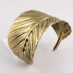 vintage ethnic gold tone alloy curving vivid feather/leaf cuff 