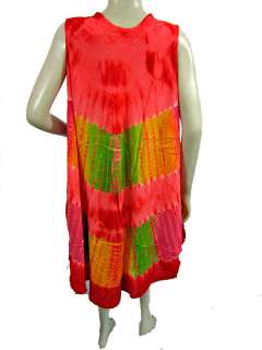 Peasant Bohemian Sun Dress Rayon Hot Red Tie Dye Caftan Poncho Tunic 