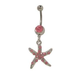  Dangler Star Fish Belly Ring with Pink Jewels Jewelry