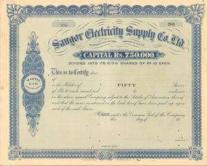 Sangor Electricity Co  India rupee stock certificate  
