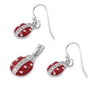  Sterling Silver & CZ Red Lady Bug Earring & Necklace Set Jewelry