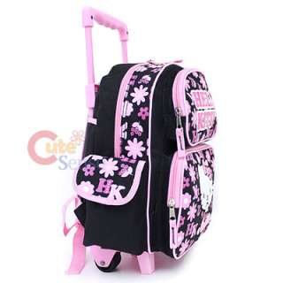 Hello Kitty School Roller Backpack Rollig Bag Black Pink Flowers 3
