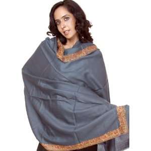  Gray Tusha Shawl with Densely Hand Embroidered Border 