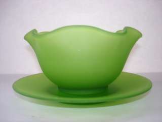 Elegant Green Satin Glass Ruffled Mayonnaise Bowl Plate  