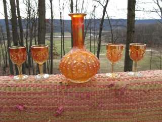 Antique IMPERIAL MARIGOLD Carnival Glass WINE SET OCTAGON DECANTER 