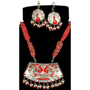 Meenakari Peacock Pair Necklace with Matching Earrings   Lacquer with 