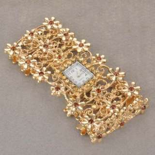 18k GP Gold Plated Swarovski Crystal Flower Wrist Bracelet Bangle 