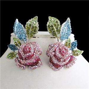Lush Rose Necklace Earring Set Multi Swarovski Crystal Flower Floral 