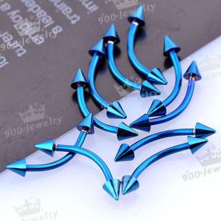 10pcs 16ga Blue Stainless Steel Spike Eyebrow Bar Ear Ring Curved 