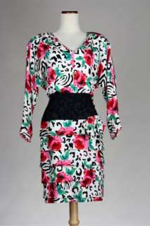 Vtg 80s LUX Silk Dress Rose/Leopard Print Tiers & Bow  