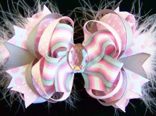 NEW Lg CUSTOM Layered PINK & GRAY bOuTiQuE Hair Bow  
