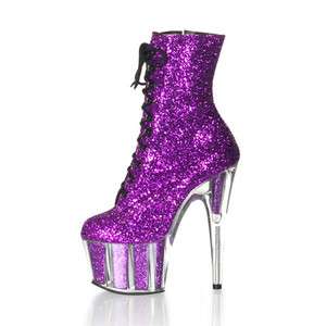 7in HEEL LACE UP ANKLE PLATFORM PURPLE GLITTER BOOTS WITH ZIPPER sizes 